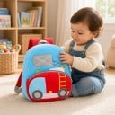 Hellblauer Kinder-Rucksack 26 x 24 x 10 cm mit Motiv eines Feuerwehrautos und einer gelben Leiter, mit zwei Reißverschlusstaschen und roten Trägern 4