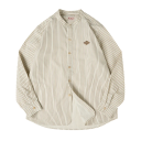 Heren crèmekleurige gestreepte blouse met lange mouwen en staander, losse pasvorm, knopen over de hele lengte en afgeronde onderzoom 1
