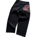 Heren jeans zwart met een print van een bloeiende boom op de achterzak, met zakken, lage taille, loszittend, denim 4