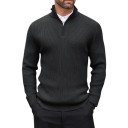 Heren ribgebreide trui met rits bij de hals en opstaande kraag, gebreide pullover met halve rits en lange mouwen slim fit 3