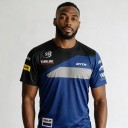 Heren T-shirt met korte mouwen en zwarte schouders met een grijze schuine streep en bedrukking in de stijl van een wegwedstrijdshirt in blauwzwart 4
