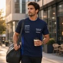 Heren team T-shirt met korte mouwen en blauwe halsrand met gestreepte zijpanelen in Formule 1-stijl in donkerblauwe kleur 6