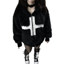 Heren winterjas Zwarte kunstbont Winddichte uitvoering Met capuchon Ritssluiting Polyester jas met kruis op de borst Warme winterjas 2