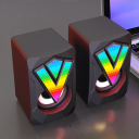 Herní reproduktory pro PC 2 ks RGB ambientní osvětlení stereo surround subwoofer 11 x 6,7 x 6,2 cm černé na stůl k počítači a hraní 2