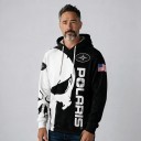 Herr hoodie med kapuschong och vita snören med tryck av dödskalle och amerikansk flagga på ärmen i motorcykelstil svartvit 3