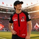Herr röd t-shirt med kort ärm i stil med racingtröja med nummer 63 på ryggen och bröstet samt svarta raglanärmar 4