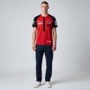 Herr röd t-shirt med korta svarta ärmar i stil med motorcykelracerdress för motorcykelfans och väg tävlingar 3