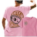 Herre T-shirt med brun grafik af en motorcykelhjelm og teksten Caffeine & Gasoline på ryggen og brystet med korte ærmer i retro stil 9