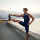 Herren Fahrradsatz Ärmelloses Trikot und Shorts Elastisches Material 80 % Polyester und 20 % Spandex Dunkelblau mit roten und weißen Streifen 5
