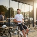 Herren Fahrradsatz Trikot mit kurzen Ärmeln und Shorts mit Trägern und Polster 90 % Polyester und 10 % Lycra Weißes Trikot und schwarze Shorts 7