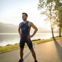 Herren Fahrradset Ärmelloses Trikot und Shorts Elastisches Material 80 % Polyester und 20 % Spandex Dunkelblau mit Sternen und rosa Streifen 5