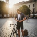 Herren Fahrradset Trikot mit kurzen Ärmeln und Shorts mit Trägern und Polster 90 % Polyester und 10 % Lycra Dunkelblau gestreift 5
