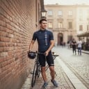 Herren Fahrradset Trikot mit kurzen Ärmeln und Shorts mit Trägern und Polster 90 % Polyester und 10 % Lycra Dunkelblau gestreift 6