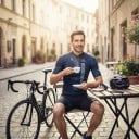 Herren Fahrradset Trikot mit kurzen Ärmeln und Shorts mit Trägern und Polster 90 % Polyester und 10 % Lycra Dunkelblau gestreift 7