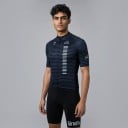 Herren Fahrradset Trikot mit kurzen Ärmeln und Shorts mit weißem Träger und Polster 90 % Polyester und 10 % Lycra Dunkelblau gestreift 4
