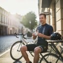 Herren Fahrradset Trikot mit kurzen Ärmeln und Shorts mit weißem Träger und Polster 90 % Polyester und 10 % Lycra Dunkelblau gestreift 5