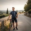 Herren Fahrradset Trikot mit kurzen Ärmeln und Shorts mit weißem Träger und Polster 90 % Polyester und 10 % Lycra Dunkelblau gestreift 7