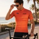 Herren Fahrradsporttrikot mit kurzem Arm und durchgehendem Reißverschluss im Muster von horizontalen Geschwindigkeitlinien in der Farbe Orange 4