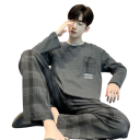 Herren Pyjama mit langem Arm und karierter Hose O-Ausschnitt Polyester Spandex Graues bequemes Pyjama mit Tasche 1