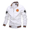 Herren Retro Motorradbomberjacke mit Reißverschluss und Stehkragen sowie gestreiftem Rippstrick an Kragen und Bündchen mit Aufdruck 2