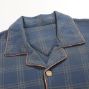 Herren Schlafanzug mit Kurzarmhemd Blau kariert Hose mit Taschen Kragen Knöpfe Polyester Baumwolle 2
