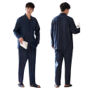 Herren Schlafanzug Set mit Langarmshirt und Hose Knopfverschluss Tasche Kragen Gestreift Dunkelblau Polyester Baumwolle 2