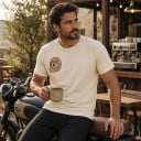 Herren T-Shirt mit braunem Druck eines Motorradhelms und dem Schriftzug Caffeine & Gasoline auf dem Rücken und der Brust mit kurzen Ärmeln 8