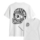 Herren T-Shirt mit kurzen Ärmeln und Motorradhelm-Druck mit dem Schriftzug Caffeine & Gasoline auf Rücken und Brust sowie rundem Ausschnitt 1