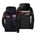 Herren winddichte Jacke mit Kapuze und Reißverschluss mit Druck im Motorrad-Rennstil auf der Brust und dem Rücken sowie mit elastischen 10