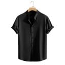 Herrenhemd Kurzarm Einfarbiges Design Knopfverschluss V-Ausschnitt Leichter Polyester Sommer Schnitt 3