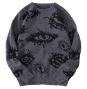 Herrenpullover mit Rundhalsausschnitt Einfarbiger Strickpullover mit abstraktem Augenmuster Langarm Stilvoller Herbst-Winter-Pullover Polyester 12