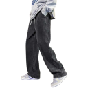 Herrens lösa jeans i enfärgad, med fickor, snörning, bomull och polyester 3