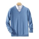 Herresweater med lange ærmer og V-hals Enfarvet elegant strikket sweater Uld og elastiske fibre Efterårs- og vintermode 27