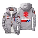 Herrjacka med huva och hel dragkedja med stort lagmotiv och färgglada ränder på ryggen i motorcykelstil 1