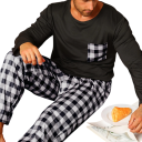 Herrpyjamas med lång ärm och rutiga byxor O-hals Polyester Bekväm pyjamas med ficka för hemmabruk 5