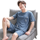 Herrpyjamas set t-shirt med kort ärm och shorts Blå med tryck av måsar Text I love you Sommarkomplett Polyester spandex 1