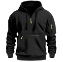 Herrtröja med huva och V-ringning med dragkedja Enfärgad hoodie med ficka på magen Extra ficka med dragkedja Fickor för händer Polyester 1