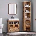 Hoher Badezimmerschrank 30 x 40 x 167 cm mit drei offenen Regalen und Lamellentüren in rustikalem braunem Holzdekor 5