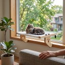 Holzliege für Katzen auf dem Fensterbrett 55 x 38 cm Tragfähigkeit 20 kg Massivholz mit Metallhaken Plüschbezug Weißes Liegeplatz für Fenster und Bett 6