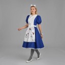 Horrorpuppen-Kostüm für Erwachsene Blaue Kleider mit weißer Schürze mit blutigen Flecken Gestreifte Strumpfhosen und Haarband Baumwolle 2