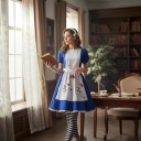 Horrorpuppen-Kostüm für Erwachsene Blaue Kleider mit weißer Schürze mit blutigen Flecken Gestreifte Strumpfhosen und Haarband Baumwolle 10