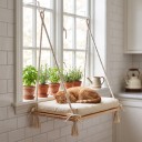 Houpací plošina pour chats sur fenêtre 45 x 35 cm Avec 4 ventouses sans perçage Planche en bois sur cordes Avec coussin Hamac suspendu blanc 3