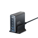 Hurtigoplader 140W USB GaN adapter 2× USB A og 3× USB C med LED display EU stik oplader flere enheder samtidigt kabel inkluderet 4