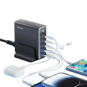 Hurtigoplader 140W USB GaN adapter 2× USB A og 3× USB C med LED display EU stik oplader flere enheder samtidigt kabel inkluderet 6