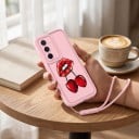 Husă din silicon cu mânere pentru încheietura mâinii Samsung Galaxy A56 Rezistent Motif buze roșii și cireșe Roz Protecția camerei Husă pentru telefon 4
