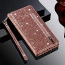 Husa flip cu sclipici pentru Samsung Galaxy S24+ Cu buzunar cu fermoar și compartiment pentru carduri Mâner de mână Material PU piele Husa 12