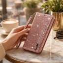 Husa flip cu sclipici pentru Samsung Galaxy S24+ Cu buzunar cu fermoar și compartiment pentru carduri Mâner de mână Material PU piele Husa 13