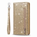 Husa flip cu sclipici pentru Samsung Galaxy S24 FE Buzunar cu fermoar și compartiment pentru carduri Mâner Material PU piele Husa tip carte 1