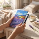 Husa flip pentru Kindle 10. generație 2019 de 6 inch cu câmp de lavandă pictat și o casă sub cerul albastru, cu curea și folie 2