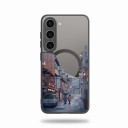 Husă magnetică de protecție pentru Samsung Galaxy A55 Rezistentă Ilustrație stradă din Japonia Încărcare wireless Cadru negru și butoane portocalii 1